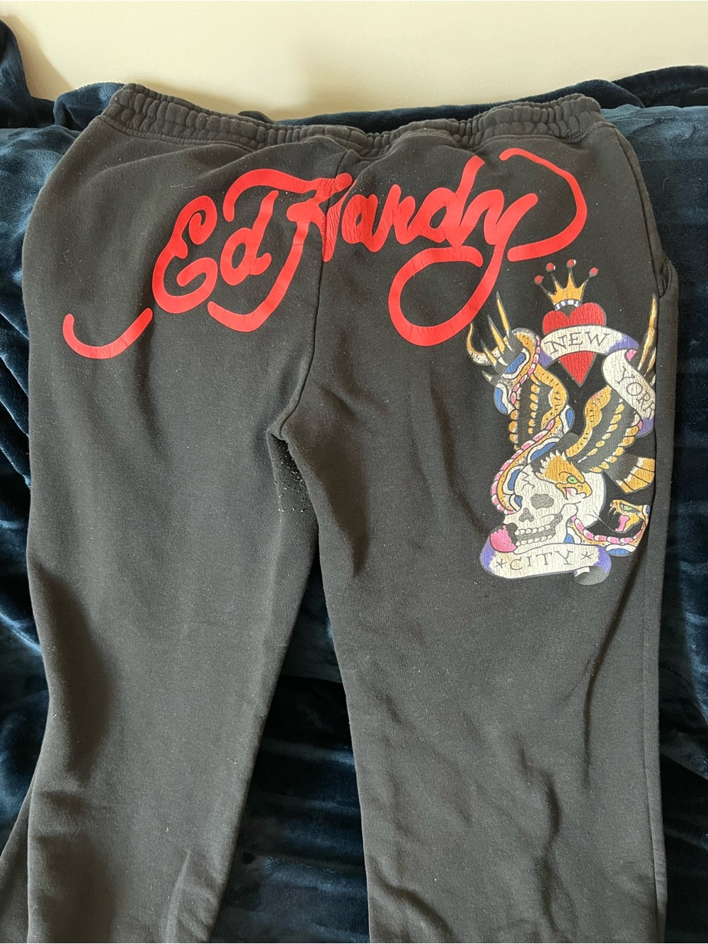 Ed Hardy Black Sweatpants with Red Logo & Colorful Tattoo Graphic
